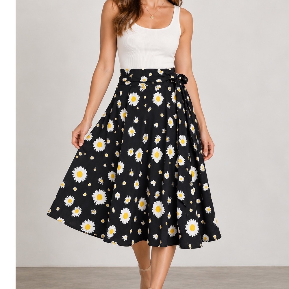 Vintage Midi Skirt Belle Poque Daisy Print Black Floral A-Line Bow Waist Large